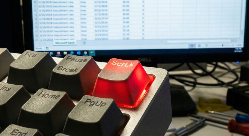 Scroll Lock key illuminated on a keyboard causing arrow keys not working in Excel.