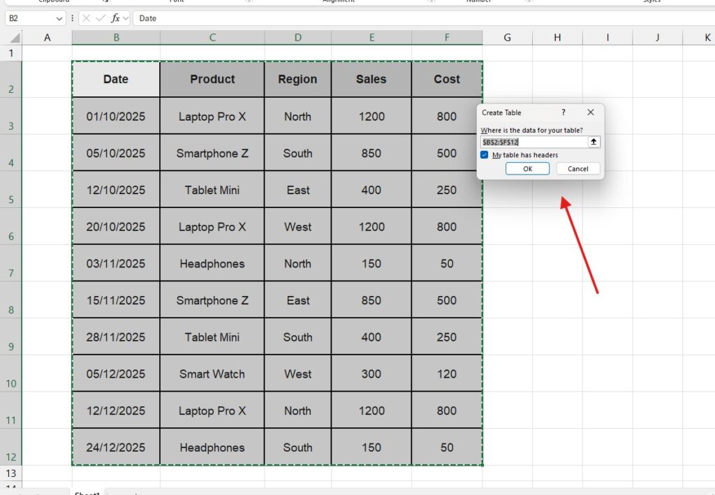 Converting data range to Table in Excel to enable Copilot features.
