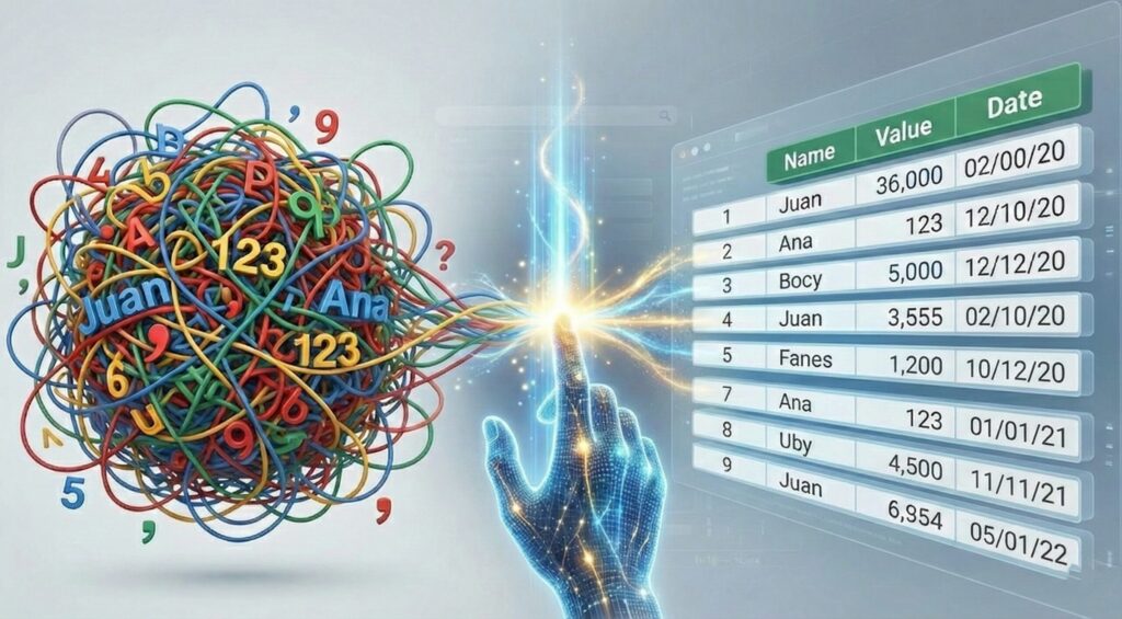 Conceptual illustration showing messy jumbled data being split into organized separate columns in Excel
