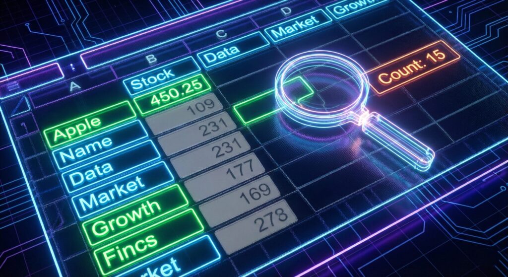 Conceptual illustration showing Excel spreadsheet cells with text being counted and highlighted