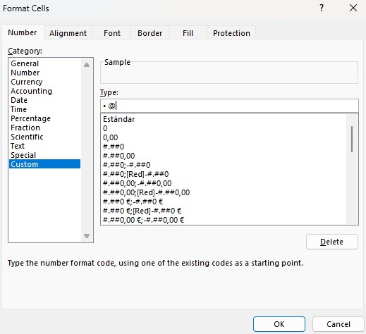 Setting up a custom format with bullet point symbol code in Excel Format Cells dialog.