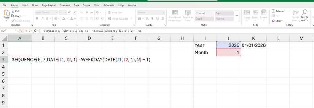 Using the SEQUENCE function in Excel to create an automated 2026 calendar