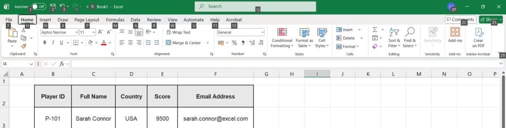 Excel ribbon menu showing keyboard shortcut letters after pressing Alt key
