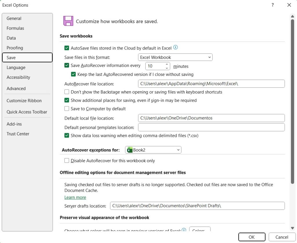 Excel save options showing AutoRecover settings enabled every few minutes