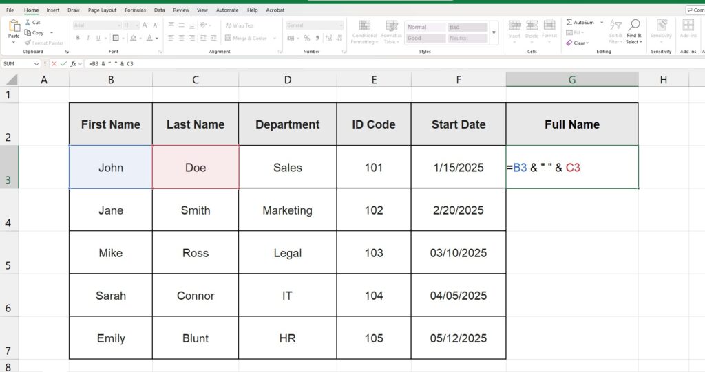 Excel formula using ampersand symbol to join first and last name with space. Combine Two Columns in Excel