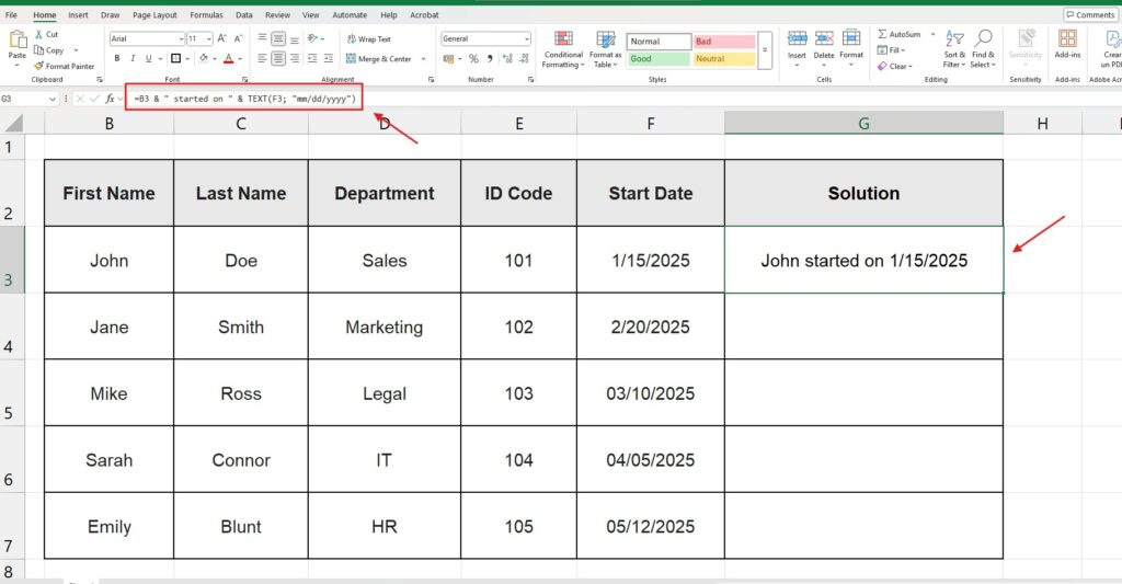 Fixing date format serial number when combining text in Excel using TEXT function