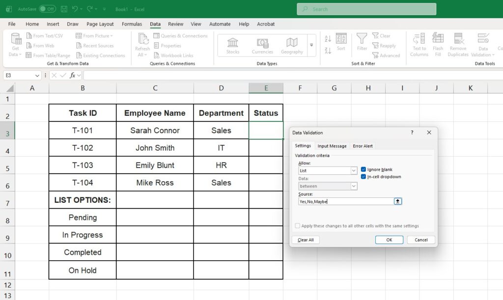 Data Validation settings window showing manual list options