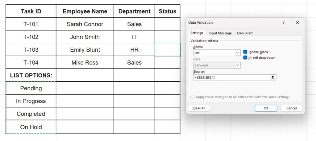 Selecting a range of cells as source for Excel drop-down list