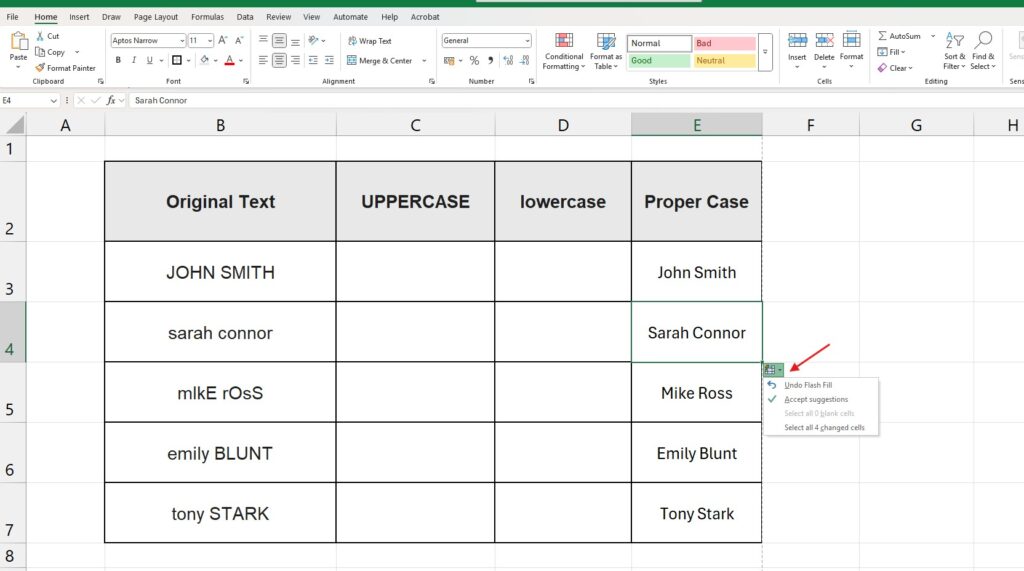 Using Flash Fill shortcut Ctrl+E to automatically capitalize names in Excel