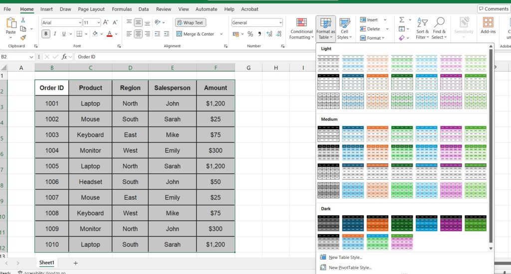 Format as Table menu in Excel showing different color styles