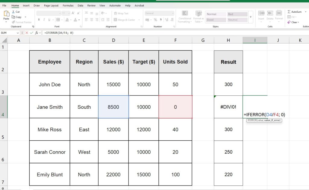 Using IFERROR function to hide DIV/0 error in Excel