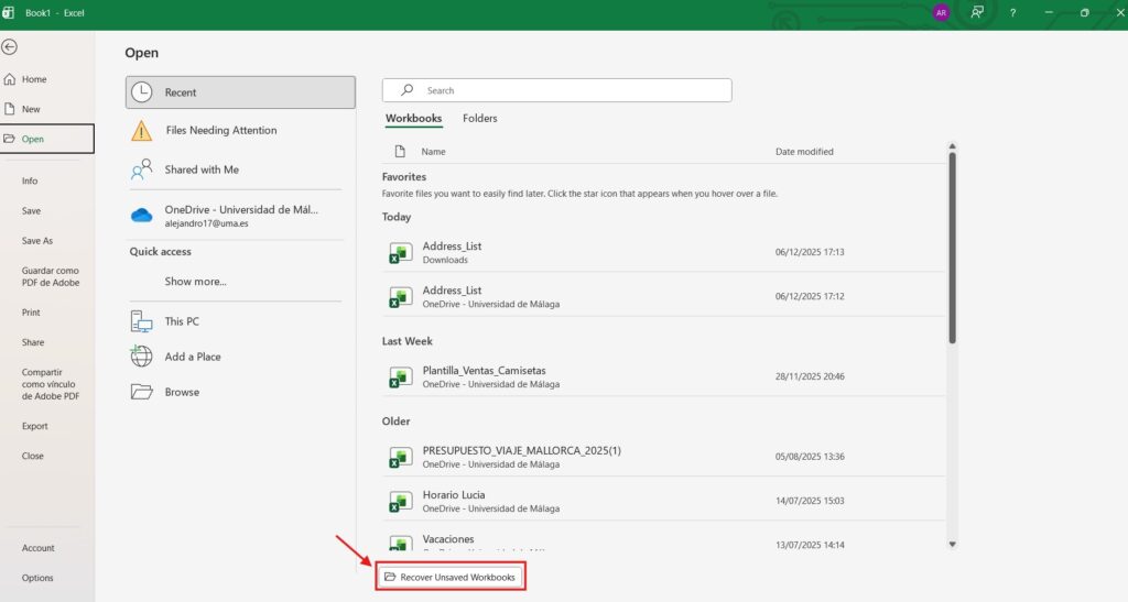 Recover Unsaved Workbooks button location at bottom of Excel Recent files menu