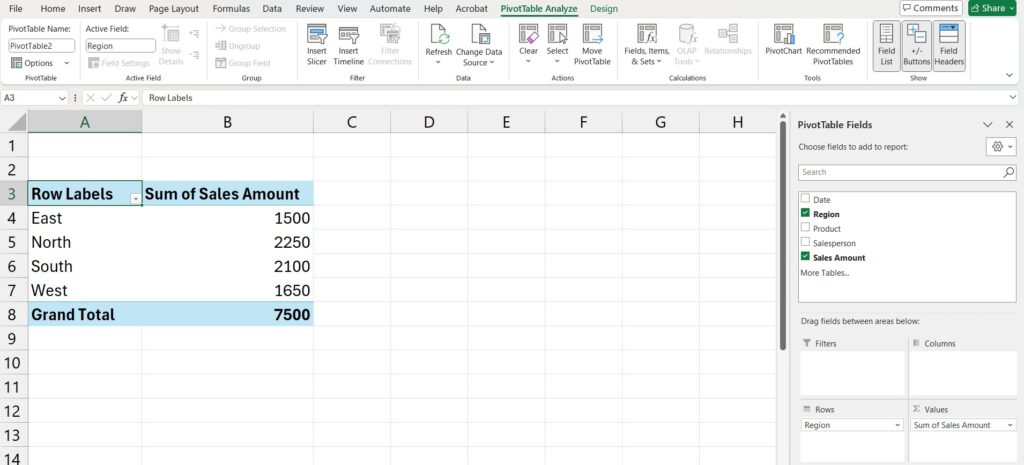 Excel PivotTable fields pane showing Region in Rows and Sales in Values