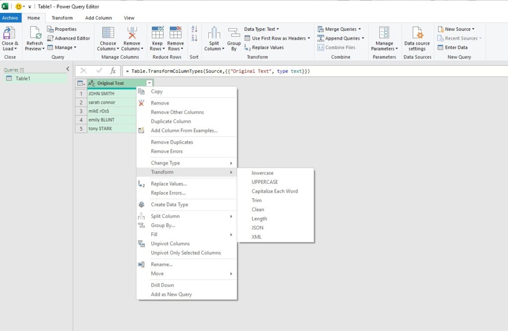 Power Query editor Transform menu showing Capitalize Each Word option