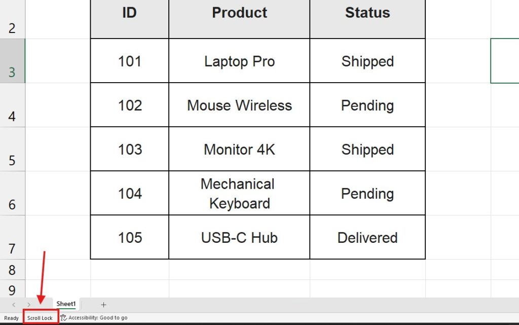 Excel status bar indicator showing that Scroll Lock is currently active