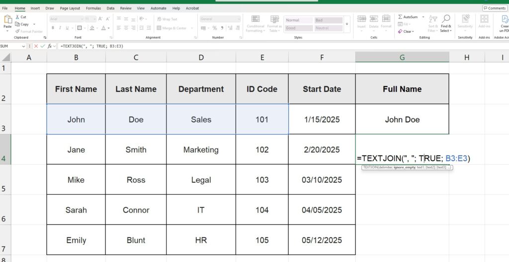 Using TEXTJOIN function to combine multiple cells with comma separator
