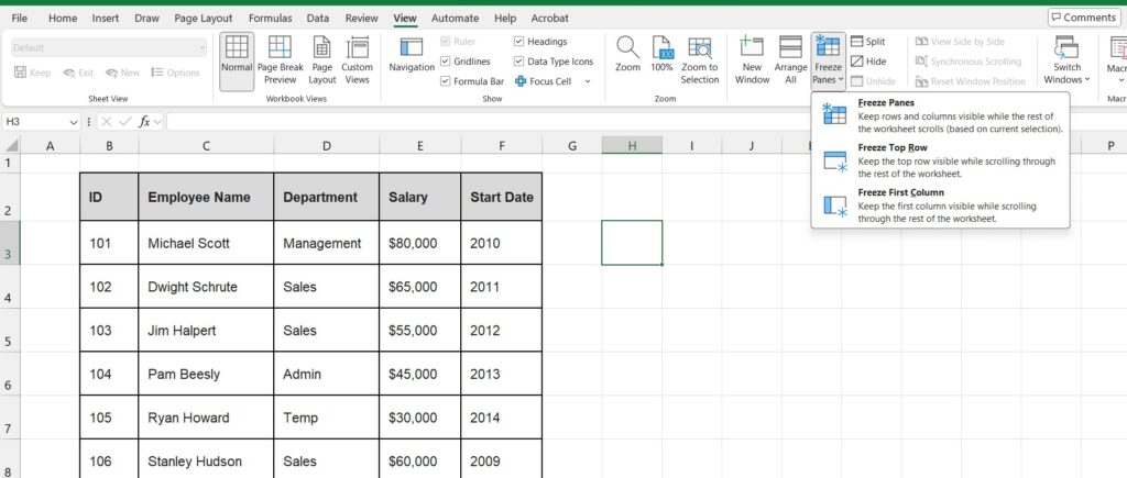 Freeze Panes menu in Excel View tab showing Freeze Top Row option