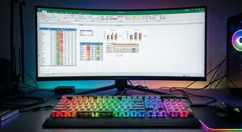 Esports gaming keyboard with Excel spreadsheet on monitor representing World Championship