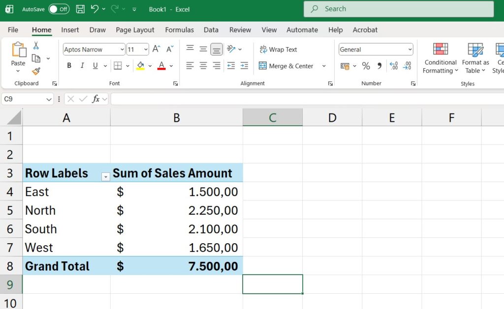 Final Pivot Table showing total sales by region formatted as currency