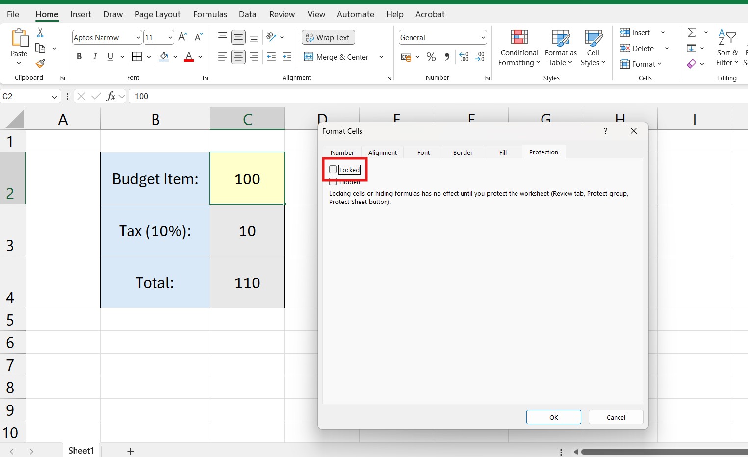 The Format Cells dialog box in Excel showing the Protection tab with the Locked checkbox unchecked.