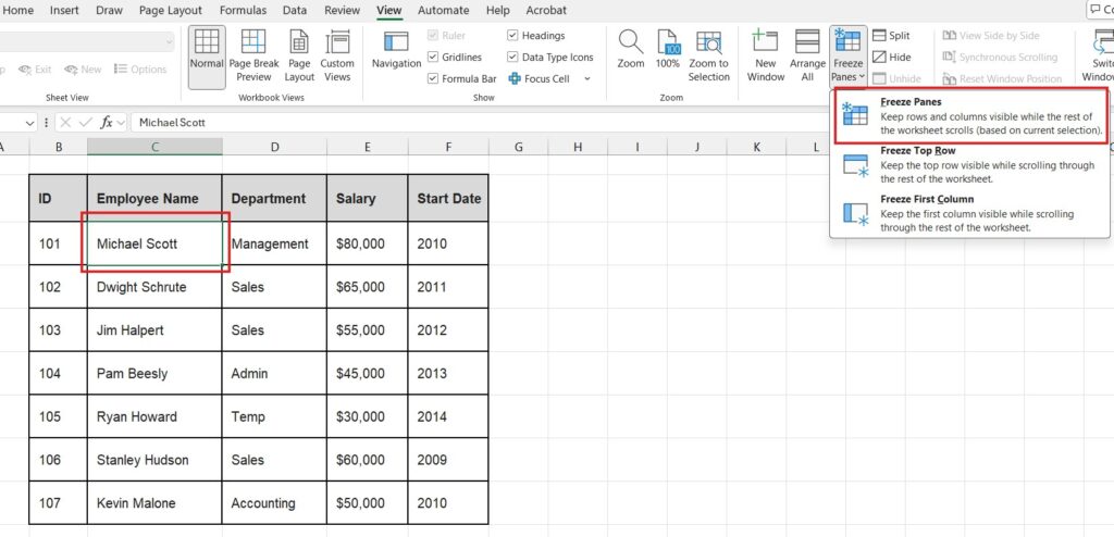 Selecting cell C3 to freeze top row and first column in Excel