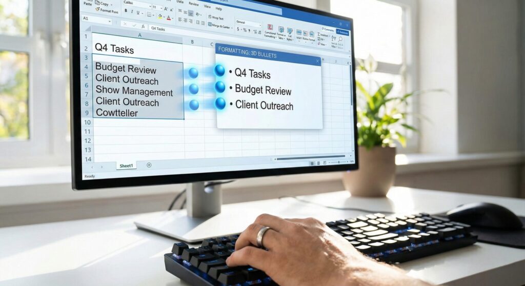 Concept of adding bullet points in Excel to create organized lists. Guide on how to add bullet points in Excel using shortcuts and formulas