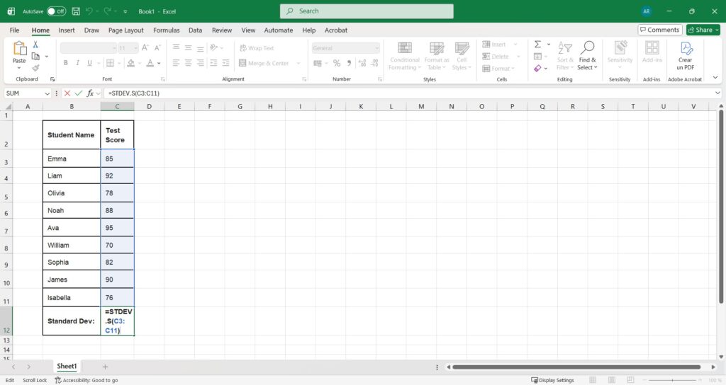 Excel spreadsheet showing STDEV.S formula selection
