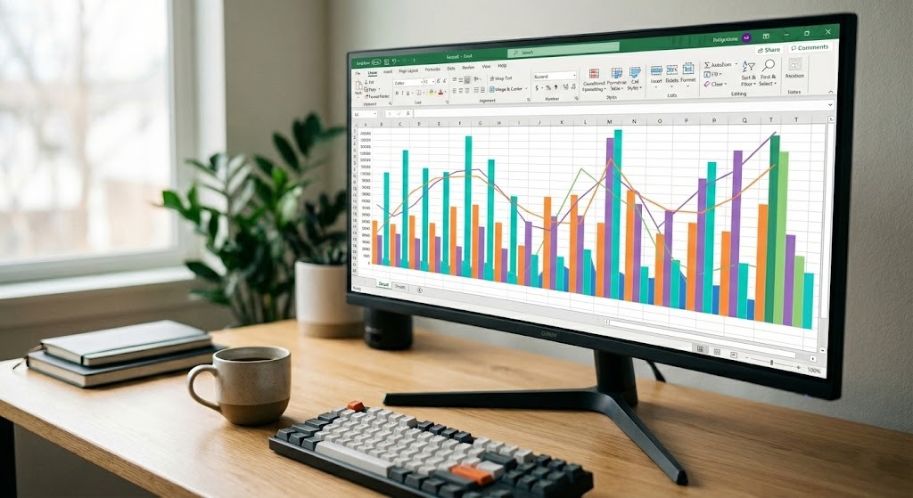 Professional Excel chart visualization showing sales trends on a monitor.