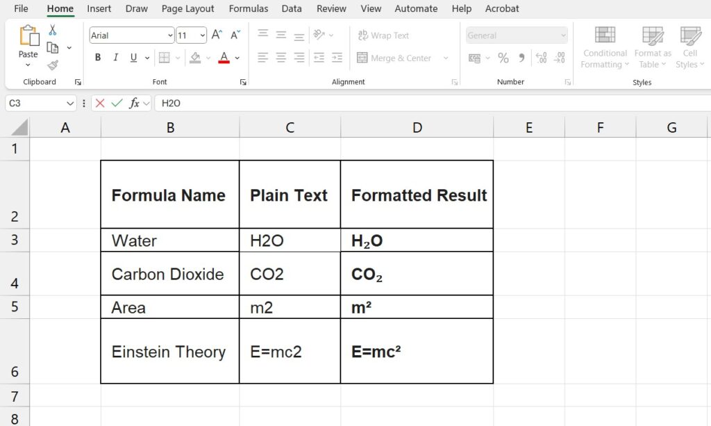 Chemical formulas in Excel using subscript