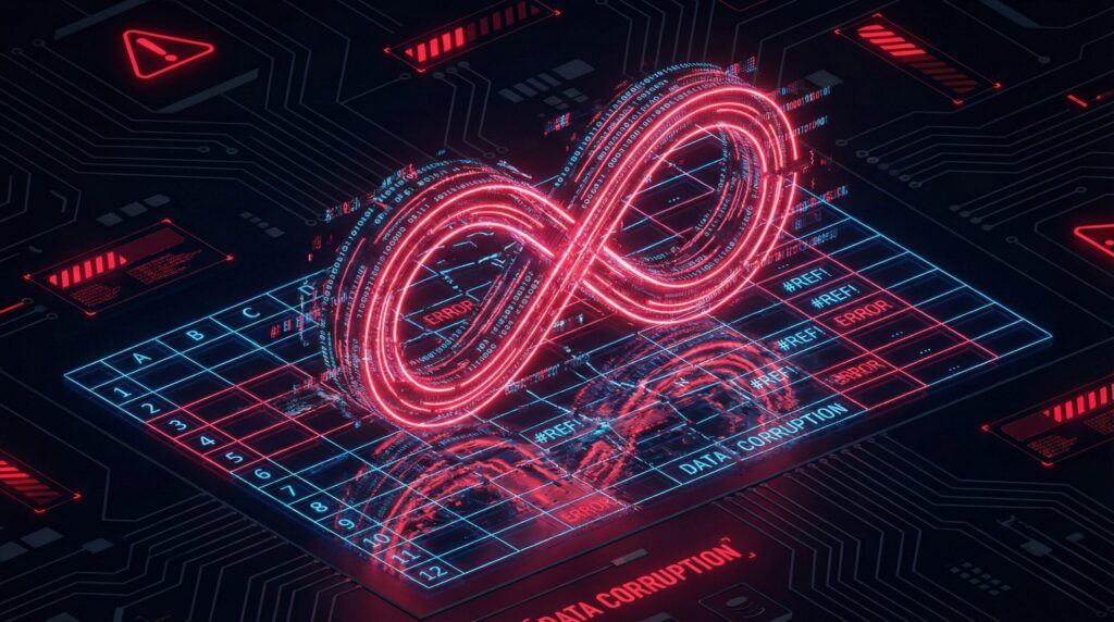3D illustration representing an Excel circular reference error as a glowing red infinite loop glitch