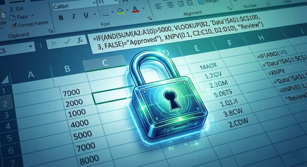 Illustration of a padlock securing an Excel cell containing a formula.