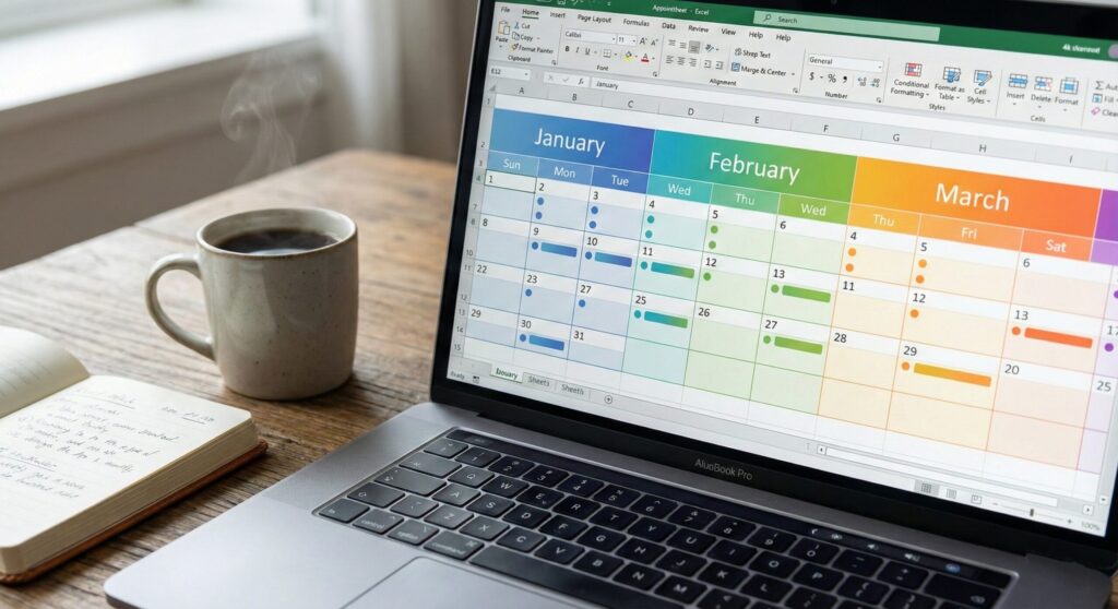 Laptop screen showing a custom 2026 calendar made in Excel. How to make a calendar in Excel 2026 example