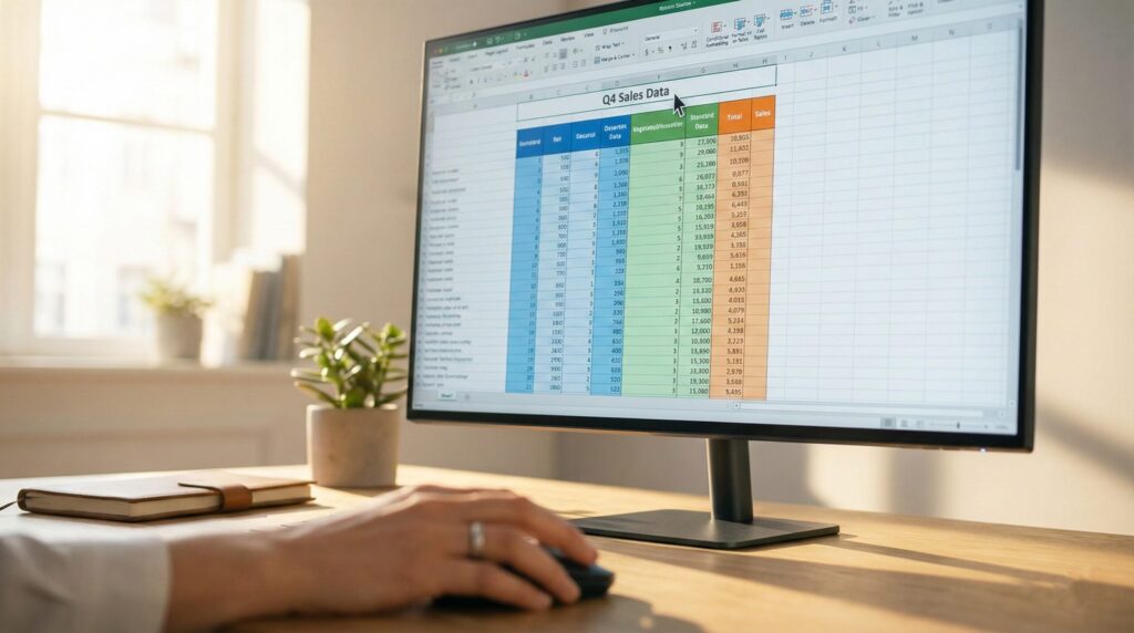 Workspace with a computer screen showing how to sort columns in Excel left to right.