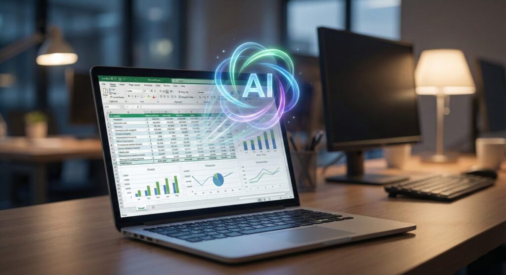 Microsoft Copilot AI icon interacting with an Excel spreadsheet on a laptop.