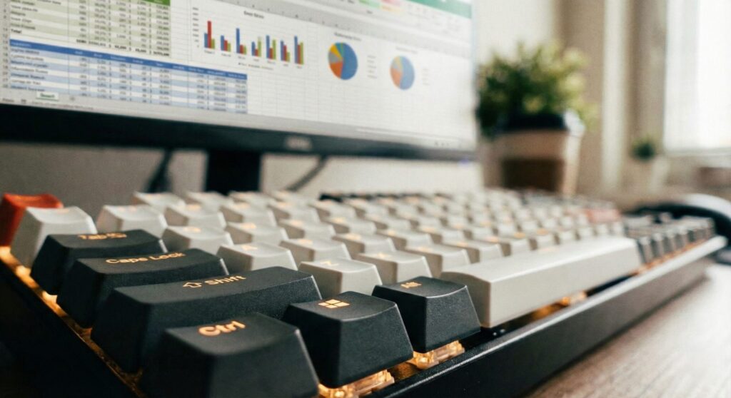 Computer keyboard focusing on Ctrl and Alt keys for Excel shortcuts